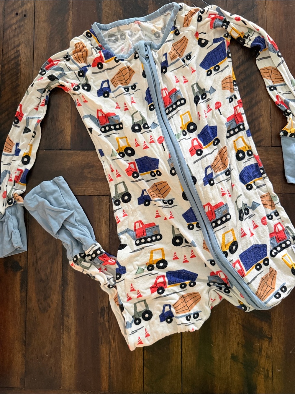 Little Sleepies Construction Vehicles White Pajama Set with Blue Zipper